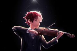 Rule 34 | 1boy, black background, collared shirt, formal, highres, instrument, light, light rays, long sleeves, looking to the side, male focus, music, nyamnyam0502, paradox live, playing instrument, red eyes, red hair, shirt, solo, sugasano allen, suit, violin