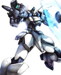 Rule 34 | absurdres, beam rifle, blue eyes, clenched hands, energy barrier, energy gun, energy shield, gun, gun-ez, gundam, haganef, highres, holding, holding gun, holding weapon, looking to the side, mecha, no humans, robot, solo, victory gundam, weapon, white background