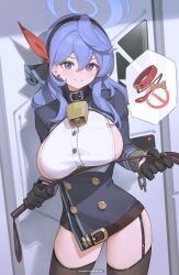 Rule 34 | 1girl, absurdres, ako (blue archive), animal collar, bell, belt, belt buckle, belt collar, bilibili xiaolu, black bow, black gloves, black hairband, black thighhighs, blue archive, blue eyes, blue hair, blue halo, blue jacket, bow, bow hairband, breasts, brown belt, buckle, buttons, chinese commentary, clenched teeth, collar, commentary request, contrapposto, cowbell, cowboy shot, dog treat, double-breasted, double-parted bangs, earrings, garter straps, gloves, hair between eyes, hair ribbon, hairband, halo, highres, holding riding crop, jacket, jewelry, large breasts, leash, long hair, long sleeves, looking at viewer, neck bell, partial commentary, red belt, ribbon, riding crop, sideboob, solo, standing, stud earrings, swimsuit, tearing up, teeth, thighhighs, v-shaped eyebrows, wavy hair
