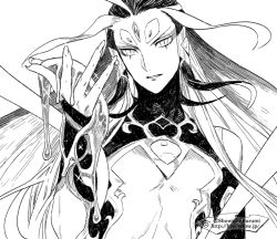 Rule 34 | 1boy, ahoge, androgynous, eyeshadow, fate/grand order, fate (series), fingernails, forehead jewel, furumi showichi, greyscale, liquid, long fingernails, long hair, looking at viewer, makeup, male focus, monochrome, multicolored hair, revealing clothes, sharp fingernails, shi huang di (fate), solo, two-tone hair, upper body, very long hair
