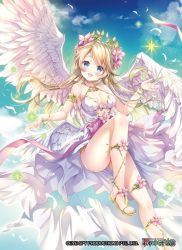 Rule 34 | 1girl, angel, angel wings, ankle lace-up, armlet, bare shoulders, blonde hair, blue eyes, blush, bracelet, breasts, copyright name, cross-laced footwear, dress, feathered wings, feathers, floating hair, flower, force of will, head wreath, jewelry, long hair, looking at viewer, medium breasts, open mouth, ribbon, sakura moyon, sandals, sky, solo, white dress, white wings, wings