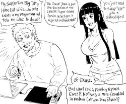 Rule 34 | 1boy, 1girl, arms behind back, artist self-insert, bags under eyes, bb (baalbuddy), blunt bangs, blush, breasts, cleavage, collarbone, computer, cowboy shot, drawing tablet, emphasis lines, english text, eye contact, facial hair, greyscale, happy, highres, hime cut, hime cut wife (baalbuddy), holding, holding stylus, husband and wife, laptop, large breasts, light blush, long hair, long sleeves, looking at another, looking back, monochrome, open mouth, original, pants, shirt, short hair, simple background, sketch, smile, speech bubble, standing, stubble, stylus, sweat, talking, teeth, text focus, upper body, white background