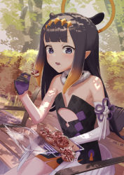 Rule 34 | 1girl, absurdres, animal ears, arimoto wataru, asymmetrical gloves, bare shoulders, bench, black dress, black gloves, black hair, blue eyes, blunt bangs, blush, commentary, dress, eating, extra ears, flat chest, food, fur collar, gloves, gradient hair, hair ornament, halo, hand up, highres, holding, holding food, hololive, hololive english, long hair, looking at viewer, multicolored hair, ninomae ina&#039;nis, on bench, open mouth, orange hair, outdoors, pointy ears, purple gloves, shadow, sidelocks, sitting, solo, strapless, strapless dress, takoyaki, tentacle hair, tree, two-tone gloves, virtual youtuber