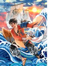 Rule 34 | 10s, 1boy, bird, black hair, blue sky, boat, brown eyes, full body, getiao, holding, holding sword, holding weapon, katana, looking to the side, male focus, mutsu-no-kami yoshiyuki, oar, open mouth, outdoors, personification, ponytail, sandals, sky, solo, sword, touken ranbu, watercraft, weapon