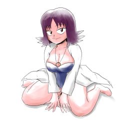 Rule 34 | 1girl, absurdres, artist request, barefoot, blush, breasts, brown eyes, cleavage, creatures (company), game freak, highres, lab coat, large breasts, looking at viewer, nintendo, one-piece swimsuit, philena ivy, pokemon, pokemon (anime), pokemon (classic anime), purple hair, simple background, smile, solo, strapless, strapless one-piece swimsuit, swimsuit, white background