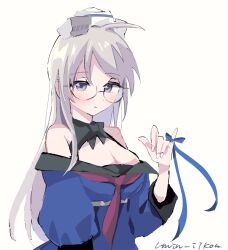 Rule 34 | 1girl, bare shoulders, blue ribbon, blush, breasts, cleavage, closed mouth, glasses, grey hair, hat, headgear, heywood l. edwards (kancolle), highres, kantai collection, long hair, looking at viewer, medium breasts, neckerchief, pinky out, ribbon, sailor collar, samekun (samekun s), school uniform, serafuku, simple background, solo, twitter username, white background