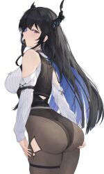 Rule 34 | 1girl, absurdres, ass, black hair, blue hair, breasts, chyraliss, closed mouth, colored inner hair, demon horns, from behind, highres, hip vent, hololive, hololive english, horns, large breasts, leotard, long hair, long sleeves, mole, mole under eye, mouth hold, multicolored hair, necktie, necktie in mouth, nerissa ravencroft, nerissa ravencroft (1st costume), pantyhose, red eyes, simple background, solo, thigh strap, two-tone hair, very long hair, virtual youtuber, white background
