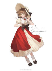 Rule 34 | 1girl, :o, absurdres, antenna hair, black bow, black footwear, bow, brooch, brown hair, cardcaptor sakura, chinese commentary, collar, colored eyelashes, commentary request, commission, dress, fashion, footwear bow, frilled dress, frills, full body, gem, green eyes, hair intakes, hat, hat bow, highres, jewelry, kinomoto sakura, long dress, looking to the side, mary janes, open clothes, open mouth, open skirt, pleated skirt, puffy short sleeves, puffy sleeves, qiyuan zaitao huanzhe x, red gemstone, red skirt, shoes, short hair, short sleeves, simple background, skirt, socks, solo, spade (shape), sparkle, standing, striped clothes, striped socks, sun hat, vertical-striped clothes, vertical-striped socks, waist bow, weibo watermark, white background, white collar, white dress, white hat, white socks