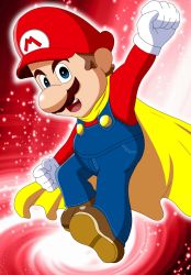 Rule 34 | 1boy, arm up, blue eyes, brown hair, cape, cape mario, facial hair, flying, full body, gloves, hat, highres, looking at viewer, mario, mario (series), mustache, nintendo, open mouth, solo, super mario world