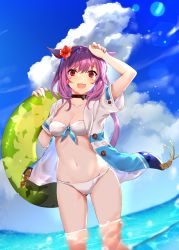 Rule 34 | 1girl, :d, animal ears, arm up, bikini, black choker, blue sky, breasts, cat ears, chamnaitu, choker, cleavage, cloud, cloudy sky, collarbone, commentary request, day, facial mark, fang, final fantasy, final fantasy xiv, flower, hair flower, hair ornament, hibiscus, highres, innertube, jacket, long hair, looking at viewer, medium breasts, miqo&#039;te, navel, open clothes, open jacket, open mouth, outdoors, purple hair, red eyes, sky, smile, solo, standing, stomach, swim ring, swimsuit, thighs, wading, warrior of light (ff14), water, white bikini, white jacket, white sleeves