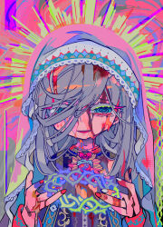 Rule 34 | 1girl, @ @, blue eyes, colored eyelashes, dress, grey hair, hair over one eye, head wreath removed, highres, liquid, long hair, looking at viewer, messy hair, multicolored background, multicolored clothes, multicolored dress, neon palette, nun, open mouth, original, pink nails, pink veil, psychedelic, smile, solo, swept bangs, terada tera, veil, white nails