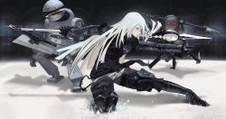 Rule 34 | 1girl, bifurcation, black gloves, blue eyes, boots, cal (calcalpoi), gloves, high heel boots, high heels, highres, holding, holding polearm, holding spear, holding weapon, long hair, machine (nier), nier (series), nier:automata, official alternate costume, outstretched hand, polearm, shadow, solo, spear, weapon, white hair, a2 (nier:automata)