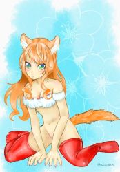 Rule 34 | :3, animal ears, bare arms, bare shoulders, belly, between legs, blue background, blue eyes, blush, bottomless, bra, cat ears, cat girl, cat tail, crotch, eyebrows hidden by hair, frilled bra, frills, green eyes, hand between legs, highres, leaning forward, lingerie, maple (nekopara), multicolored eyes, navel, nekopara, no panties, orange hair, orange tail, red thighhighs, sitting, solo, spread legs, strapless, strapless bra, succubris, tail, thighhighs, thighs, tube top, twitter username, underwear, wariza, wavy hair