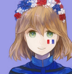 Rule 34 | 1girl, amelie planchard, artistic error, bad id, bad pixiv id, blue background, brown hair, euro 2012, facepaint, flower, france, french flag, green eyes, hair flower, hair ornament, open mouth, shirono kuma, short hair, simple background, smile, solo, strike witches, strike witches: katayoku no majo-tachi, world witches series