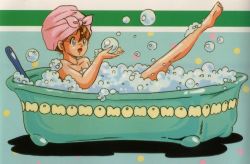 Rule 34 | 1980s (style), 1girl, bath, bathtub, bubble, character name, kanda momo, leg up, namco, official art, oldschool, solo, towel, towel on head, wonder momo