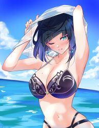 Rule 34 | 1girl, alternate costume, armpits, arms up, bikini, black bikini, black hair, blue bikini, blue hair, blue sky, blunt bangs, blush, bob cut, breasts, cleavage, closed mouth, cloud, collarbone, commentary, dangle earrings, diagonal bangs, earrings, genshin impact, gradient hair, green eyes, highres, jewelry, large breasts, looking to the side, meisaki, mole, mole on breast, multicolored hair, navel, ocean, one eye closed, outdoors, shirt, short hair, sky, solo, swimsuit, symbol-only commentary, two-tone bikini, undressing, white shirt, yelan (genshin impact)