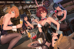 Rule 34 | 1boy, 5girls, :d, ;), absurdres, ahoge, alcohol, animal ears, arknights, auguste, bar (place), bar stool, bare arms, bare shoulders, black hair, black legwear, black leotard, blonde hair, blue eyes, blue hair, bottle, bow, bowtie, breasts, brown eyes, brown legwear, candle, chinese commentary, cleavage, clock, closed mouth, commentary request, cow girl, cow horns, croissant (arknights), cup, demon horns, detached collar, drinking glass, exusiai (arknights), fake animal ears, green eyes, groin, halo, hand on own hip, highres, holding, holding cup, holding tray, horns, indoors, leotard, low ponytail, medium breasts, mostima (arknights), multiple girls, one eye closed, open mouth, orange hair, pantyhose, penguin logistics logo, playboy bunny, rabbit ears, red bow, red hair, red neckwear, short hair, sideboob, sitting, smile, sora (arknights), stool, strapless, strapless leotard, table, texas (arknights), the emperor (arknights), thighhighs, tray, twintails, wine, wine glass, wolf ears, wolf girl, yellow eyes