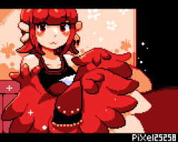 Rule 34 | 1girl, :3, animal ears, artist name, bare shoulders, bird ears, blush, commentary request, feathered wings, feathers, harpy, holding baby, indoors, letterboxed, looking at viewer, medium hair, monster girl, original, pixel25251, pixel art, red eyes, red feathers, red hair, red wings, sidelocks, solo, swaddled, winged arms, wings