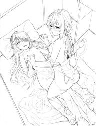 Rule 34 | 10s, 2girls, animal costume, bed, blush, breasts, charlotte dunois, eyepatch, greyscale, holding hands, infinite stratos, lasterk, laura bodewig, medium breasts, monochrome, multiple girls, nipples, open mouth, pillow, ponytail, sitting, sitting on person, sketch, small breasts, smile, yuri