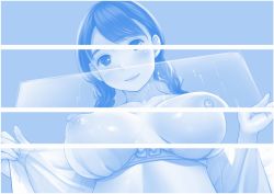 Rule 34 | 1girl, against glass, blue theme, blush, border, bow, bow bra, bra, braid, breast press, breasts, breasts on glass, closed mouth, collarbone, collared shirt, commentary request, fingernails, from below, large breasts, light smile, long hair, looking at viewer, looking down, monochrome, neko neko koneko, nipples, open clothes, open shirt, original, puffy nipples, revealing layer, see-through, shiny skin, shirt, smile, solo, teeth, thick eyebrows, twin braids, unbuttoned, underwear, upper teeth only, white border