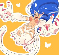 Rule 34 | 1girl, ahoge, animal ears, animal hands, blue hair, bug, butterfly, capcom, cat ears, cat tail, claws, decko, fangs, felicia (vampire), fur, green eyes, highres, huge ahoge, image sample, insect, long hair, md5 mismatch, midair, navel, open mouth, outstretched arms, pixiv sample, solo, tail, vampire (game)