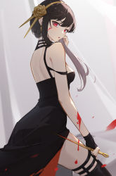 Rule 34 | 1girl, :o, absurdres, back, bad id, bad twitter id, black dress, black gloves, black hair, black thighhighs, blood, blood on arm, blood on face, blood on leg, bloody weapon, breasts, dagger, dress, fingerless gloves, flower, from side, gloves, gold hairband, hair flower, hair ornament, hairband, hand up, highres, knife, lance (lancelliu), long hair, looking at viewer, looking to the side, medium breasts, parted lips, revision, rose, sidelocks, skindentation, solo, spikes, spy x family, stiletto (weapon), strap slip, thighhighs, two-sided dress, two-sided fabric, weapon, yor briar, zettai ryouiki