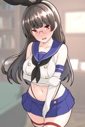 Rule 34 | 1girl, black hair, black hairband, black neckerchief, black panties, blue sailor collar, blue skirt, blurry, blurry background, blush, breasts, choukai (kancolle), cosplay, crop top, elbow gloves, embarrassed, full-face blush, furaggu (frag 0416), glasses, gloves, hairband, highleg, highleg panties, highres, kantai collection, large breasts, long hair, looking at viewer, miniskirt, navel, neckerchief, panties, pleated skirt, red eyes, sailor collar, shimakaze (kancolle), shimakaze (kancolle) (cosplay), skirt, solo, striped clothes, striped thighhighs, thighhighs, thong, underwear, white gloves