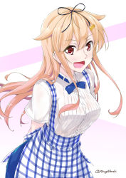 Rule 34 | 1girl, alternate costume, apron, arms behind back, blonde hair, blush, bow, breasts, commentary request, dress, employee uniform, fang, gingham, gingham apron, hair flaps, hair ornament, hair ribbon, hairclip, kantai collection, kobeya, kobeya uniform, long hair, medium breasts, mikage takashi, open mouth, plaid, plaid apron, ribbon, short sleeves, skirt, smile, solo, twitter username, uniform, waitress, yuudachi (kancolle), yuudachi kai ni (kancolle)