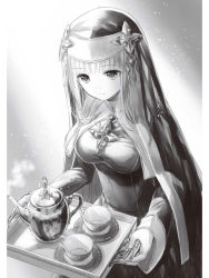 Rule 34 | 1girl, breasts, cup, dress, fuzichoco, hachinan tte sore wa nai deshou!, highres, holding, holding plate, hood, long hair, long sleeves, medium breasts, novel illustration, nun, official art, plate, smile, solo, standing, steam, teacup, teapot