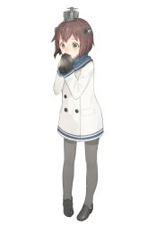 Rule 34 | 1girl, adapted costume, black pantyhose, breath, brown eyes, brown hair, coat, full body, gloves, headgear, kantai collection, km yama, loafers, open mouth, pantyhose, sailor collar, shoes, short hair, solo, standing, teeth, winter clothes, yukikaze (kancolle)