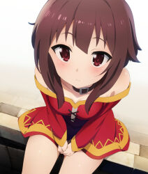 Rule 34 | 1girl, black choker, blush, breasts, brown hair, choker, closed mouth, commentary request, cowboy shot, dress, eyelashes, foreshortening, from above, frown, hair between eyes, highres, kono subarashii sekai ni shukufuku wo!, looking at viewer, megumin, own hands together, red dress, red eyes, short dress, short hair, simple background, sitting, small breasts, solo, strapless, strapless dress, toraya (doujintraya), upturned eyes, v arms, white background