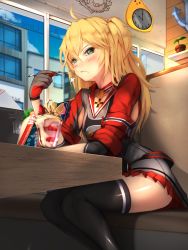 Rule 34 | 1girl, puff of air, admiral hipper (azur lane), admiral hipper (cruiser), ahoge, anchor, arm rest, armband, armpit cutout, azur lane, black thighhighs, blonde hair, blue sky, blush, breasts, cafe, choker, cityscape, clock, closed mouth, clothing cutout, cloud, collarbone, commentary, couch, cowboy shot, cross, day, dessert, dress, elbow sleeve, food, food on face, fruit, gloves, green eyes, grey dress, grey gloves, hair between eyes, highres, holding, holding spoon, ice cream, indoors, iron blood (emblem), iron cross, long hair, looking at viewer, manjuu (azur lane), model kit, model ship, mole, mole under eye, no headwear, parfait, plant, potted plant, red gloves, red sleeves, shadow, sidelocks, sitting, sky, solo, sonaworld, spoon, strawberry, table, thighhighs, two-tone gloves, two side up, wafer, wafer stick, wall, wall clock, whipped cream, window, zettai ryouiki