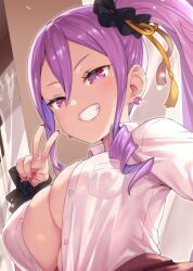 Rule 34 | 1girl, breasts, center opening, cleavage, collared shirt, dress shirt, earrings, fate/grand order, fate (series), grin, hair between eyes, hair ornament, hair scrunchie, jewelry, large breasts, long hair, long sleeves, looking at viewer, ono misao, purple eyes, purple hair, scrunchie, shirt, side ponytail, sidelocks, smile, solo, v, very long hair, white shirt, wrist scrunchie, wu zetian (fate), wu zetian (swimsuit caster) (fate)