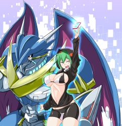 Rule 34 | 1girl, akeikou, arm up, armor, bike shorts, black jacket, blue armor, blue skin, bra, breasts, cellphone, cleavage, colored skin, commentary request, cowboy shot, digimon, digimon world re:digitize, dragon, dragon wings, goggles, goggles around neck, gradient background, green hair, hair between eyes, hair ornament, highres, hood, hood up, hooded jacket, jacket, large breasts, long sleeves, looking up, navel, open mouth, partially unzipped, phone, red eyes, shinomiya rina, short hair, short hair with long locks, shoulder armor, sidelocks, simple background, smartphone, standing, stomach, ulforcev-dramon, underwear, white background, white bra, wings