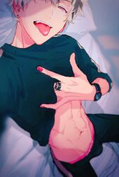 Rule 34 | 1boy, abs, bed sheet, black pants, black shirt, bulge, clothes lift, ear piercing, from above, head on pillow, head tilt, highres, idolish7, jewelry, looking at viewer, lying, male focus, momo (idolish7), multicolored hair, navel, on back, on bed, pants, parted lips, piercing, pink eyes, re:vale, ring, rinunu, selfie, shadow, shirt, shirt lift, short hair, sleeves rolled up, smirk, solo, streaked hair, sunlight, teeth, tongue, tongue out, track pants, upper body, watch, white hair, wristwatch