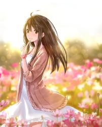 Rule 34 | 1girl, :|, ahoge, black hair, bloom, blurry, blush, brown eyes, cardigan, closed mouth, cowboy shot, day, depth of field, dress, field, finger to mouth, flower, flower field, glowing, index finger raised, lens flare, long hair, long sleeves, looking at viewer, open cardigan, open clothes, original, outdoors, potion lilac(popopotionu), scrunchie, signature, sketch, solo, white dress, wrist scrunchie