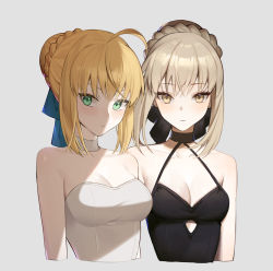 Rule 34 | 2girls, ahoge, alternate breast size, artoria pendragon (all), artoria pendragon (fate), bare shoulders, black dress, blonde hair, blush, braid, breasts, choker, cleavage, cropped arms, cropped torso, crown braid, dress, expressionless, fate/grand order, fate/stay night, fate (series), french braid, green eyes, halterneck, highres, looking at viewer, multiple girls, saber (fate), saber alter, seizou hidzuke, shaded face, small breasts, strapless, strapless dress, white background, white choker, white dress, yellow eyes