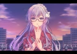 Rule 34 | 1girl, 22/7, ayakura azuma, blue eyes, blue hair, braid, city, expressionless, glasses, hair ornament, highres, letterboxed, long hair, looking at viewer, maruyama akane, open mouth, pale skin, serious, skyline, solo, sunset, teeth