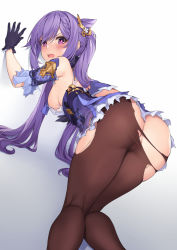 Rule 34 | 1girl, ass, bad id, bad pixiv id, bare shoulders, blush, braid, breasts, brown pantyhose, cameltoe, cone hair bun, dress, embarrassed, from behind, genshin impact, gloves, hair bun, hair ornament, highres, keqing (genshin impact), long hair, looking at viewer, looking back, open mouth, pak ce, pantyhose, purple eyes, purple hair, short dress, sideboob, simple background, skindentation, skirt, solo, torn clothes, torn dress, torn gloves, torn pantyhose, twintails, very long hair, white background