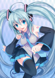 Rule 34 | 1girl, ahoge, aqua hair, aqua nails, argyle, argyle background, argyle clothes, bad id, bad pixiv id, blue eyes, breasts, colored eyelashes, detached sleeves, hatsune miku, headset, impossible clothes, impossible shirt, koto (colorcube), long hair, nail polish, necktie, shirt, skirt, smile, solo, standing, standing on one leg, thighhighs, twintails, very long hair, vocaloid, zettai ryouiki