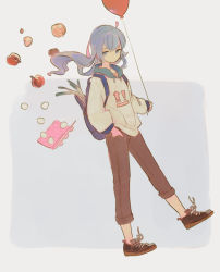 Rule 34 | !, 1girl, ahoge, apple, arrow (symbol), backpack, bag, balloon, blue eyes, blue hair, border, brown footwear, ciel (paradis47), closed mouth, egg (food), egg carton, food, fruit, grey background, grey border, hand in pocket, highres, holding, holding balloon, long hair, onion, original, shoes, sleeves past wrists, sneakers, solo, spring onion