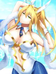 Rule 34 | 1girl, animal ears, armpits, arms behind head, arms up, artoria pendragon (all), artoria pendragon (fate), artoria pendragon (swimsuit ruler) (fate), bare shoulders, blonde hair, blue necktie, blue pantyhose, braid, breasts, cleavage, closed mouth, clothing cutout, detached collar, fake animal ears, fate/grand order, fate (series), fishnet pantyhose, fishnets, french braid, green eyes, hair between eyes, highleg, highleg leotard, large breasts, leotard, long hair, looking at viewer, minami koyogi, navel, navel cutout, necktie, pantyhose, playboy bunny, ponytail, rabbit ears, sidelocks, solo, tiara, white leotard