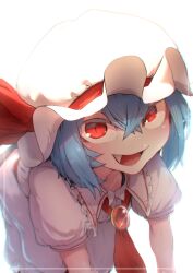Rule 34 | 1girl, absurdres, ascot, blue hair, collared shirt, crossed bangs, fang, frilled shirt collar, frills, hat, hat ribbon, highres, leaning forward, looking at viewer, mob cap, pink hat, pink shirt, pink skirt, red ascot, red eyes, remilia scarlet, ribbon, shirt, short hair, simple background, skirt, slit pupils, solo, sotatsudraw, touhou, white background