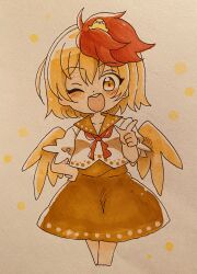 Rule 34 | 1girl, animal, animal on head, bird, bird on head, bird wings, blonde hair, breasts, brown dress, chick, collarbone, dress, feathered wings, highres, multicolored hair, niwatari kutaka, on head, one eye closed, open mouth, red eyes, red hair, shirt, short hair, short sleeves, small breasts, smile, solo, totoharu (kujirai minato), touhou, traditional media, two-tone hair, white shirt, wings, yellow wings