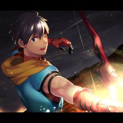 Rule 34 | 1boy, arash (fate), blood, blood on face, blue shirt, bow (weapon), brown eyes, brown hair, commentary request, fate/grand order, fate (series), gloves, holding, holding bow (weapon), holding weapon, hood, hood down, letterboxed, light particles, male focus, natsuko (bluecandy), one eye closed, open mouth, red gloves, shirt, short sleeves, solo, stella (fate), upper body, weapon