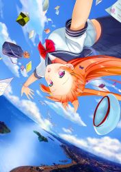 Rule 34 | 1girl, :d, absurdres, animal, bad id, bad pixiv id, bag, bird, black skirt, blue sky, book, bow, bowtie, city, cityscape, cloud, cloudy sky, commentary, cross, day, eroge- (artist), falling, floating hair, hair bow, hair ornament, hairclip, hat, heart, highres, horizon, latin cross, long hair, looking at viewer, ocean, open book, open mouth, orange hair, original, outdoors, outstretched arms, paper, pink eyes, pleated skirt, purple bow, red bow, red bowtie, school bag, school uniform, seagull, serafuku, shore, short sleeves, skirt, sky, smile, solo, spread arms, striped, striped bow, stuffed animal, stuffed toy, teddy bear, unworn hat, unworn headwear, white hat, wind, wristband