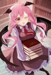 Rule 34 | 1girl, ;o, absurdres, bat wings, blurry, blurry background, book, book stack, bookshelf, breasts, carrying, commentary request, ekisutora, foot out of frame, hair between eyes, head wings, highres, koakuma, large breasts, library, long hair, long sleeves, low wings, medium breasts, midair, necktie, one eye closed, open mouth, pink hair, red eyes, red necktie, solo, touhou, very long hair, wings