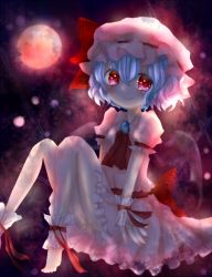 Rule 34 | 1girl, ankle cuffs, bad id, bad pixiv id, barefoot, blue hair, fang, female focus, hat, maho moco, moonlight, red eyes, remilia scarlet, solo, touhou, wrist cuffs
