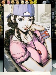 Rule 34 | 1girl, art tools in frame, ayako (slam dunk), backwards hat, baseball cap, blue eyes, blue hat, breasts, brown hair, closed mouth, commentary, dated, english commentary, eyelashes, hand on own cheek, hand on own face, hat, highres, lips, long hair, looking at viewer, medium breasts, photo (medium), pink shirt, ponytail, shirt, short sleeves, sidelocks, signature, slam dunk (series), smile, solo, stanley lau, sweatband, thick lips, traditional media, upper body, wavy hair, whistle, whistle around neck, wristband