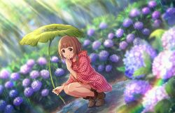 Rule 34 | 1girl, brown hair, clothes pull, highres, idolmaster, idolmaster cinderella girls, idolmaster cinderella girls starlight stage, kitami yuzu, looking at viewer, outdoors, peeing, puddle, raincoat, short hair, shorts, shorts pull, smile, solo, third-party edit